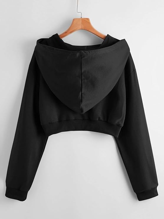 Image of Solid Long Hooded Neck Hoodie Zipper Crop Jacket for Women's