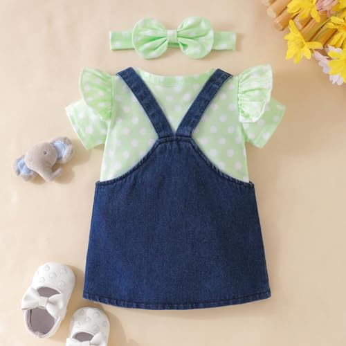 Image of Baby Girl Clothes Newborn Ruffle Romper Elephant Jeans Skirt 0-18M | Soft Romper, Adjustable Jean Skirt with Headband Elephant Butterfly Design, Snap Closure, Everyday Wear