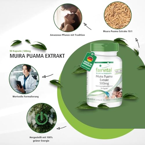 fairvital Muira Puama 500mg, 90 Kapseln, schluckfreundlich, HOCHDOSIERT, Potenzholz 10:1 Extrakt, VEGAN