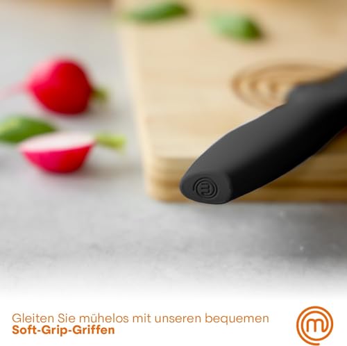 MasterChef Messer Set, Messerset mit Küchenmesser, Kochmesser, Brotmesser, Schälmesser & Allzweckmesser, Schneidemesser Küche Set, Scharfe Messer mit Edelstahlklingen, Softgriff, 5-teilig, Schwarz 6