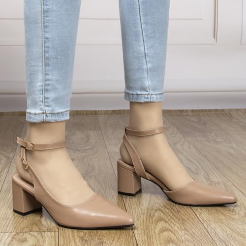 Women's Closed Pointed Toe Slingback Pumps with Adjustable Buckle Ankle Strappy Heels Low Short Block Chunky Heel Comfort Wedding Party Dress Work Shoes2