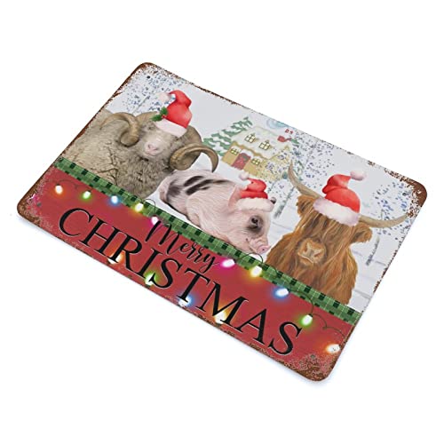 Letrero de aluminio Merry Christmas Farm con diseño de animales felices y acabado rústico 3