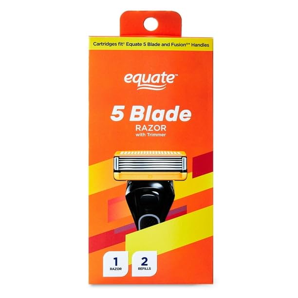 Men's 5 Blade Razor With Trimmer, Cartridges Fit Equate 5 Blade & Handles (1 Razor Handle, 2 Cartridges), Comfortable Shave