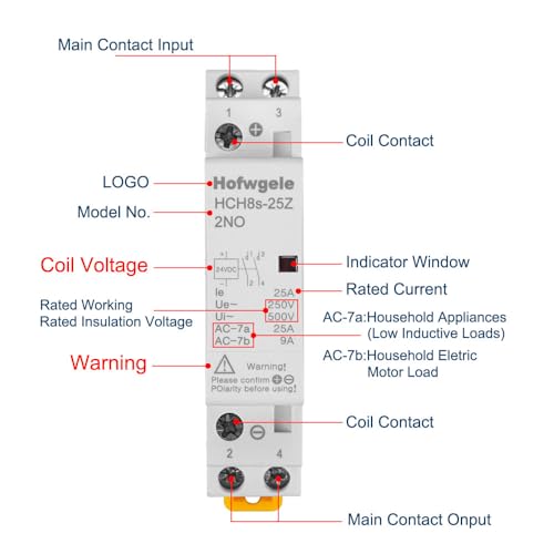 Hofwgele HCH8s-25Z Contactor 24V DC 2NO 2Pole Modular Household Contactor 25A 50/60Hz Din Rail Mounted Household Modular AC Contactor for Smart Home House Hotel (HCH8s-25Z 2NO DC24V)