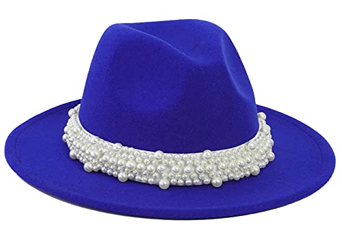 Qkrlamx Black Fedora Hats For Women Wool Panama Hat With Pearl Band Wide Brim Felt Hat Classic Trilby Hat Blue #TOP2