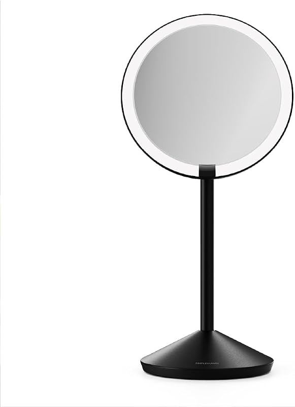 Espelho de maquiagem de viagem simplehuman Sensor Mirror Fold redondo com aumento de 10X, luz Tru-Lux®, brilho ajustável, aço preto fosco e estojo