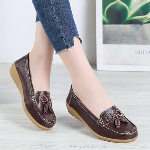 Image of Women's Genuine Leather Platform Loafers Classic Casual Comfort Slip-On Shoes Soft Sole Dress Shoes