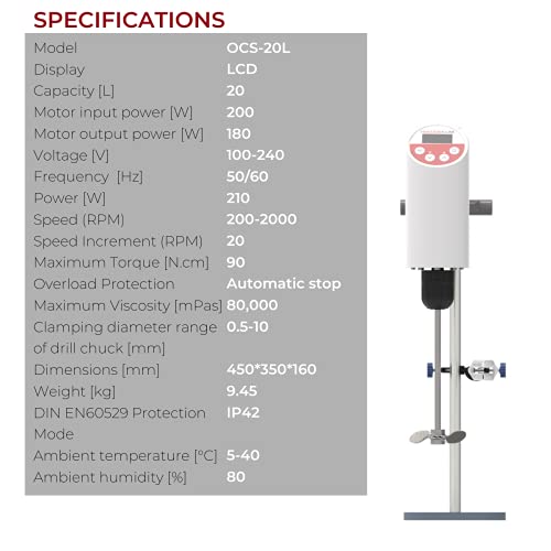 Fristaden Lab Digital Overhead Stirrer | 200-2000rpm Stirring Speed | 20L Heavy Duty Lab Mixer | Strong Laboratory Quality Stainless Steel Lab Stirrer | 1 Year Warranty 1 Year Warranty - Thumbnail 6