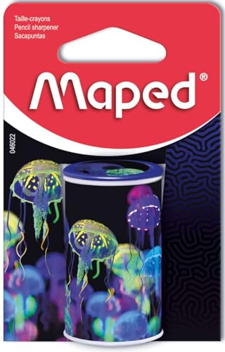Maped - Sacapuntas de lata, 1 agujero, con depósito, decoración Deepsea Paradise, embalaje reciclable