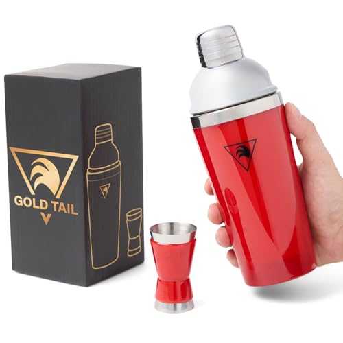GOLD TAIL Cocktail Shaker Set 17oz – Red Stainless Steel Cobbler Shaker with Jigger, Leak-Proof &
