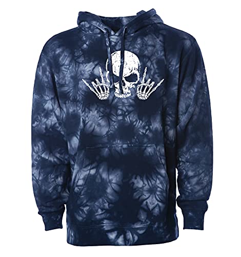 Rock n' Roll Skull - Hard Classic Guitar Band Unisex Hoodie Sweatshirt (Navy Tie Dye, X-Large)