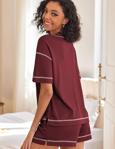 Image of Ekouaer Women's Waffle Knit Two Piece Lounge Set, Soft Matching Outfits for Daily Wear, Casual Shorts Set with Pocket