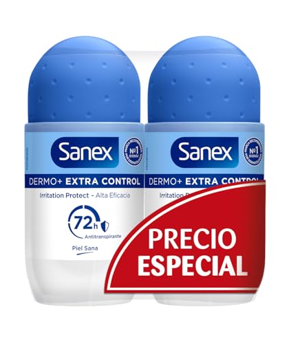 Sanex Dermo+ Extra Control Desodorante Antitranspirante Roll-On 72 Horas 2x50ml – protección efectiva contra el sudor y el mal olor – dermatológicamente testado– contiene 0% alcohol*