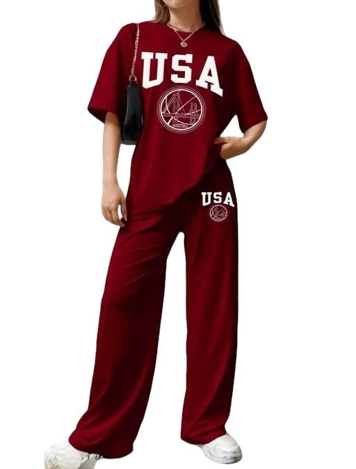 Image of My Swag USA Graphic Print Cotton Loungewear Set, T-Shirt and Pants, Casual Comfort Wear