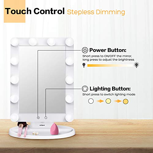 AirExpect Makeup Vanity Mirror with Light Bulbs - 3 Color Lighting Modes Hollywood Style Tabletops Lighted Cosmetic Mirror with 12 Dimmable LED Bulbs and Touch Control Design