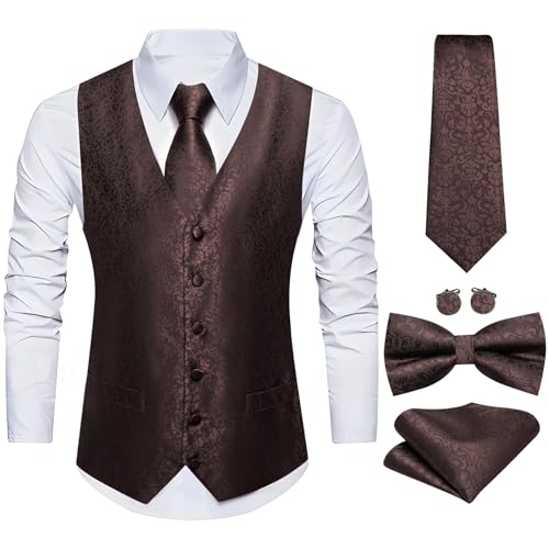 Image of Barry.Wang Men's Suit Vest Tie Bowtie Set Formal Silk Paisley Waistcoat Hanky Cufflinks Lapel Pin Set Wedding Party 7PCS