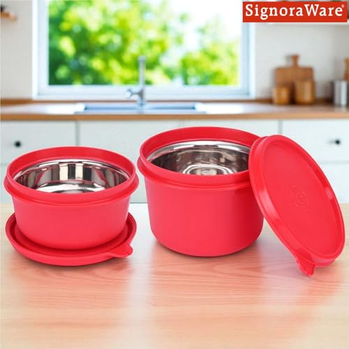 Image of Signoraware Monarch Executive Microsafe Stainless Steel Container | Airtight & Leakproof | Odor-Free & Stain Resistant | Ideal for Office & Outdoor Use (500ml+350ml | Setof2 | Red)