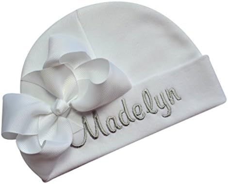 Personalized Embroidered Baby Girl Hat with Grosgrain Bow with Custom Name (White Hat/White Bow/Silver Thread)