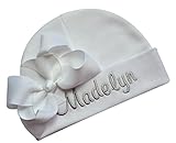 Personalized Embroidered Baby Girl Hat with Grosgrain Bow with Custom Name (White Hat/White Bow/Silver Thread)