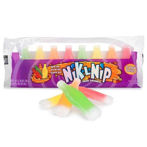 Nik-L-Nip Wax Candy Bottles Mini Drinks Original – 8er-Pack (79g 32ml) – Flüssige Süßigkeit in kaubaren Wachsflaschen