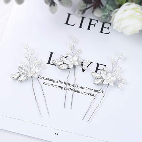 Heread Crystal Bride Wedding Hair Pins Silver Flower Bridal Head Piece Pearl Hair Accessories For Women And Girls (Pack Of 3) (A Silver) #TOP4