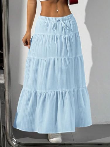 Women Flowy Flared Ruffle Long Skirt Casual Loose Fit Tie High Waist Solid Layered A-line Swing Boho Maxi Skirt4