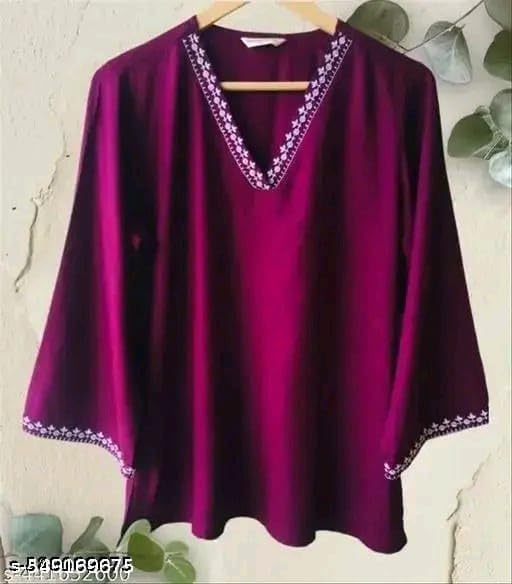 Image of Rayon Solid Straight Kurti Top for Women | V-Neck Ethnic Tunic | Neck and Sleeve Border | Stylish Casual Office Wear Short Kurti for Women