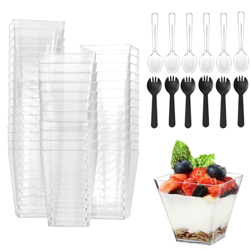 PLATEYTR Bicchieri da dessert, 50 mini bicchieri da dessert con 50 cucchiai, ciotole da dessert da 60 ml, in plastica trapezoidale, ciotole trasparenti per dessert, budino, mousse feste