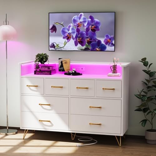 Garvee 8-Drawer TV Stand with RGB Lights & Charging Station, App ...