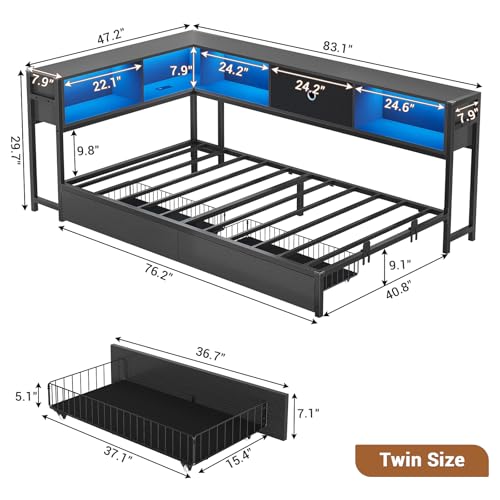 Hasuit Twin Corner Bed Frame with Storage Drawers and Bookcase Headboard, Twin Size Metal Platform Corner Bed Frame with Charging Station and LED Lights, Twin Daybed for Kids Teens Guests, Black