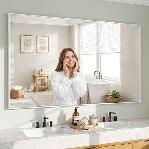 Image of Koonmi White Rectangle Wall Mirror, 36x60 Inch Bathroom Mirror, Aluminum Frame Vanity Mirror for Entryway, Living Room, Bedroom Bathroom, Hangs Horizontally or Vertically