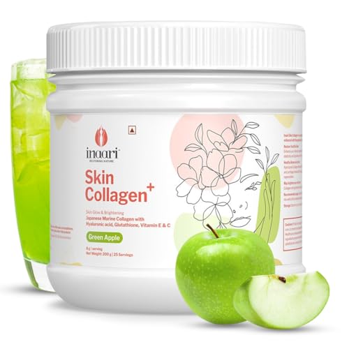 Image of Inaari Japanese Marine Collagen Powder | Type 1 and 3 Supplement | Contains Hyaluronic Acid, Glutathione, Vitamin C & E For Glowing Skin | Green Apple Flavor | 200 g