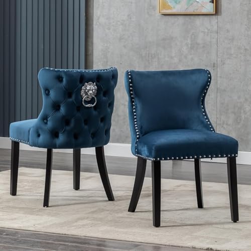 chairus Samt Esszimmerst&uuml;hle 2er Set K&uuml;chenst&uuml;hle Gepolstert f&uuml;r Wohnzimmer Armlos Polsterstuhl mit Holzbeinen (Blau-2)