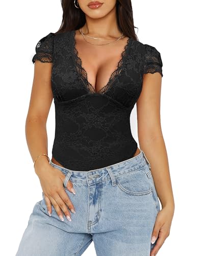 Saslax Women's Sexy Deep V Neck Short Lace Bodysuit Double Lined Body Suit Thong Going Out Tank Tops Black M