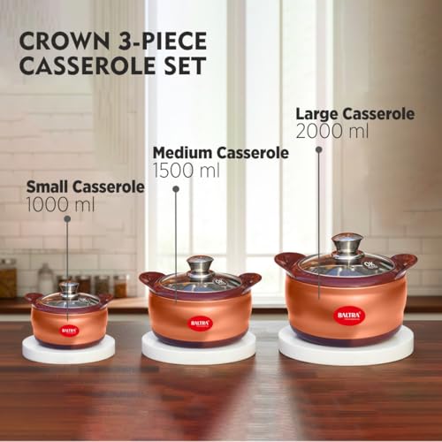Image of BALTRA Crown Stainless Steel Serving Casserole Set 100% Food Grade with Glass Lid | PUF Insulated Chapati Casserole for Daily Use & Gifting | Hot Box /Roti Box (Crown Set of 3 (1000+1500+2000ml))