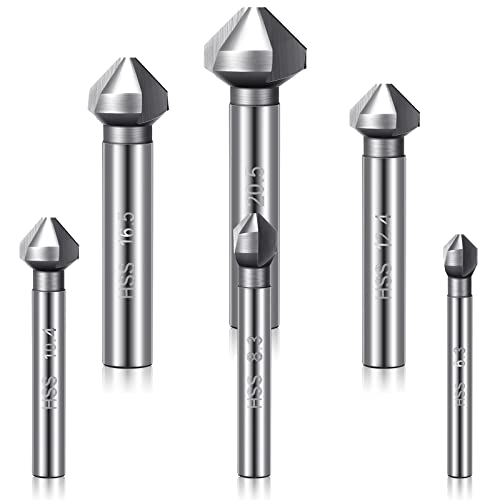 Countersink Drill Bit Set for Metal, 6 Pieces HSS 3 Flute 90 Degree Chamfering Tool Bit Chamfer High Speed Steel Deburring Hole Countersink End Mill Cutter 