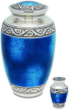 Mediterranean Mystic Blue Brass Metal Cremation Adult Urn and Keepsake Token For Human Ashes