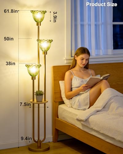 Image of Lightdot Green Glass Floor Lampfor Living Room Gold Floor Lamp with Glass Shade & 3000K Bulbs Included 3-Lights Modern Tall Standing Lamp with 5Lbs Heavy Base for Bedroom /Sofa Beside /Corner Decor