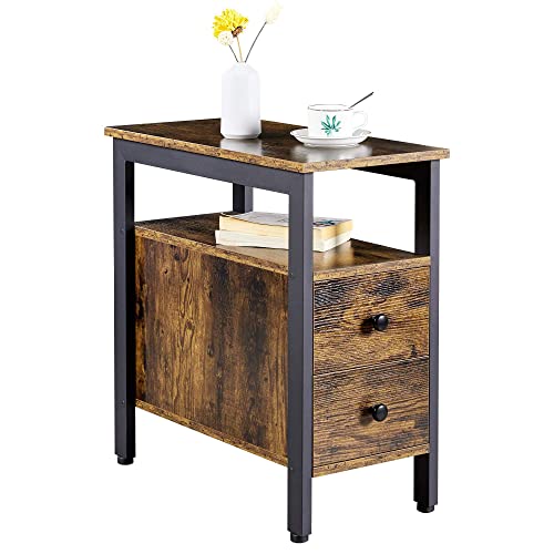 Yaheetech Table d'appoint, Bout de canapé, Table Console, 2 Tiroirs, 2 Niveaux, Style Industriel, en Bois et Métal, Hauteur Pied Réglable, 30 x 60 x 61cm, Brun Rustique, dans Salon Chambre
