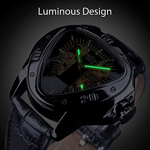 Image of Winner Fashion Mechanical Wrist Watch Triangle Racing Dial, Waterproof Golden Skeleton Dial Automatic Movement Leather Design Mechanical Watch for Men