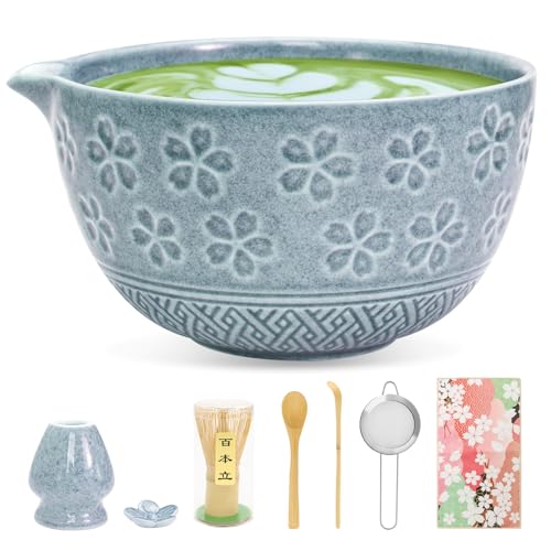 8 PCS Matcha Whisk Set, Japanese Tea Set includes Matcha Bowl Tea Making Tools Kit Ceramic Whisk Holder Stand, Sifter, Scoop Japanese Tea Tools For Ceremony Gift-Blue