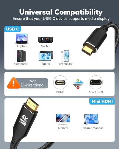 Câble USB C vers mini HDMI tressé en nylon robuste cordon 4K 1,5m