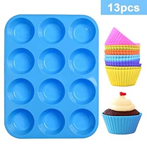LLNRC Mini Muffinform Silikon,12er Muffin Backform,BackfÃ¶rmchen Antihafteigenschaft Muffinblech mit 12 StÃ¼ck Wiederverwendbare MuffinfÃ¶rmchen fuer Cupcakes,Pudding,Kuchen,Blau Muffins Backblech