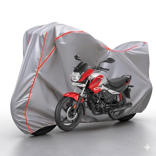 Image of Waterproof Bike Body Cover Compatible with Hero Passion Pro Dustproof Scratchproof - Motorcycle Cover for Two Wheeler, Outdoor Full Cover with UV, Duty, Rain Protection (Silver & Red) R1A