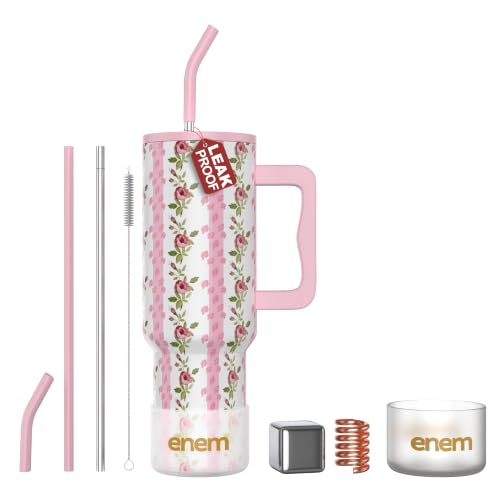 Image of enem Tumbler, Rosewood Romance, Tumbler with Metal Straw, Sipper, with Lid Leak Proof, 1 Metal Ice Cube, 1 Copper Spring (Tamba), Base Protector (Black /White), Mug Travel, 1.2L