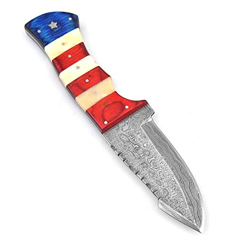 Handmade Damascus Steel Hunting Skinning Knife With Leather Sheath | 9'' Hand Forged Full Tang Fixed Blade Damascus Knives For Men And Women | Edc Razor Sharp Blade Bushcraft Camping Survival Knifes With Belt Loop For Vertical And Horizontal Carry, American Flag Usa 1219 #TOP3