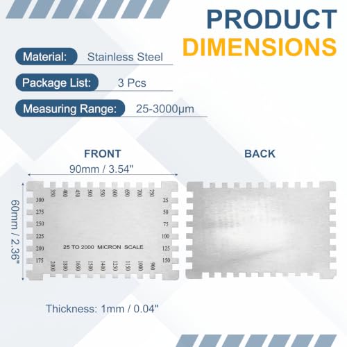 HARFINGTON 3Pcs Peines Cuadrados para Medición de Espesor de Película Húmeda 25-2000μm Alta Precisión Acero Inoxidable Plateado miniatura 2