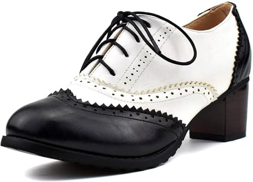 Image of KISSASA Womens Wingtip Block High Heeled Brogues Vintage Lace Up Oxford Shoes Size 7.5UK,Black