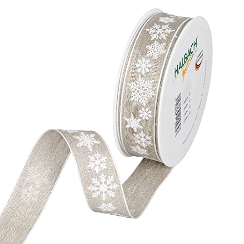 Halbach Seidenbänder Nastro natalizio in lino, 25 mm x 15 m, per confezionare regali, con stelle di neve, con bordi in filo metallico, 955, colore: bianco