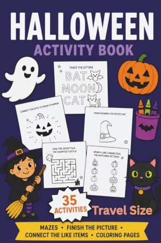 Travel Sized Halloween Activity Book | Portable 4" x 6" size: 35 Fun & Spooky Halloween Coloring Pages, Mazes, Word Finds, Finish the Picture, Color by Number, Matching Games & More image 2